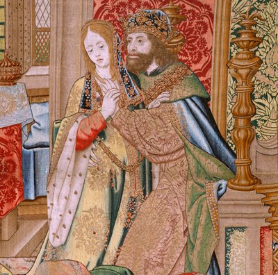 Vlámský gobelín. Seriál Historie Davida a Batšeby. Manželství Davida a Batsheby (Casamiento de David y Betsabé). Druhý panel série. Anonymní model. Neznámá výroba, Brusel. 1505. Látka Zlato, hedvábí a vlna. od Flemish School