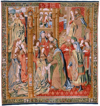 Vlámský gobelín. Seriál Historie Davida a Batšeby. Manželství Davida a Batsheby (Casamiento de David y Betsabé). Druhý panel série. Anonymní model. Neznámá výroba, Brusel. 1505. Látka Zlato, hedvábí a vlna. od Flemish School