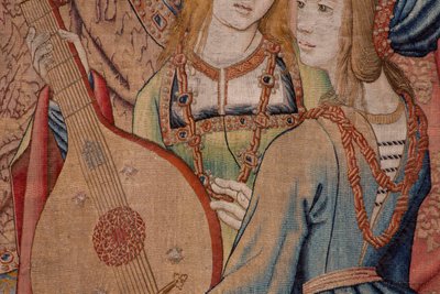Vlámský gobelín. Seriál Historie Davida a Batšeby. Prorok Nathan kárá krále Davida (El profeta Natán reprende a David). Třetí panel série. Anonymní model. Neznámá výroba, Brusel. 1505. Látka Zlato, hedvábí a vlna. od Flemish School