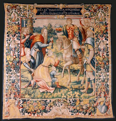 Vlámský gobelín. Seriál Historie Hannibala. Hannibal v Itálii (Aníbal en Italia). Třetí tapisérie ze zachovaných. Modelky Anonymní mistr Nizozemska. bruselská výroba, dílna. Ca 1570. Látka Vlna a hedvábí. 6,5/7 osnovy na cm. Velikost od Flemish School