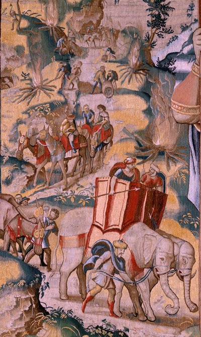 Vlámský gobelín. Seriál Historie Hannibala. Přechod Alp (Paso de los Alpes). Druhá tapisérie z dochovaných. Modelky Anonymní mistr Nizozemska. bruselská výroba, dílna. Cca 1570. Látka Vlna a hedvábí, 6,5/7 osnovy za od Flemish School