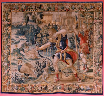 Vlámský gobelín. Seriál The Labors of Hercules. Hercules a Stymphalian ptáci (Hércules y las aves del lago Estínfalo). První tapisérie v dochované sérii. Model neznámý. Výroba Willem Dermoyen, Brusel. Ca 1528. Látka Hedvábí a vlna. ; Velikost od Flemish School