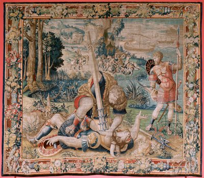 Vlámský gobelín. Seriál The Labors of Hercules. Herkules bojující s Minotaurem. Herkules bojující s Minotaurem). Druhá tapisérie v dochované sérii. ModelNeznámý. Výroba Willem Dermoyen, Brusel. Kolem 1528. od Flemish School