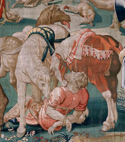 Vlámský gobelín. Seriál The Labors of Hercules. Diomedovi koně (Los caballos de Diomedes). Třetí tapisérie v dochované sérii. Model neznámý. Výroba Willem Dermoyen, Brusel. Ca1528. Tkanina Hedvábí a vlna. Rozměr 350 x 400 cm. Místo Royal od Flemish School