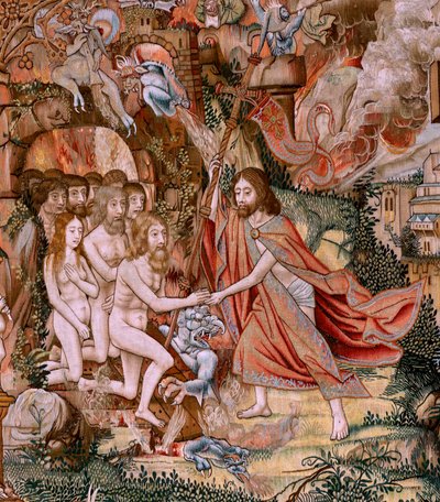 Vlámský gobelín. Seriál Umučení Krista. Sestup z kříže (Descendimiento). Druhá série tapisérií Umučení Krista patřící Patrimonio Nacional. Modelové karikaturisty z okruhu Jana van Roome. Výroba Pieter va od Flemish School