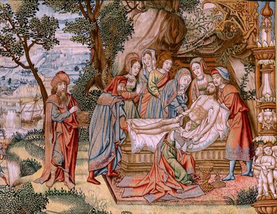 Vlámský gobelín. Seriál Umučení Krista. Sestup z kříže (Descendimiento). Druhá série tapisérií Umučení Krista patřící Patrimonio Nacional. Modelové karikaturisty z okruhu Jana van Roome. Výroba Pieter va od Flemish School