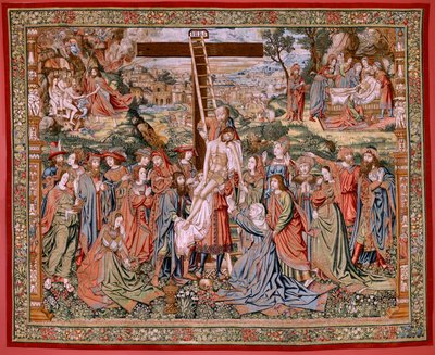 Vlámský gobelín. Seriál Umučení Krista. Sestup z kříže (Descendimiento). Druhá série tapisérií Umučení Krista patřící Patrimonio Nacional. Modelové karikaturisty z okruhu Jana van Roome. Výroba Pieter va od Flemish School