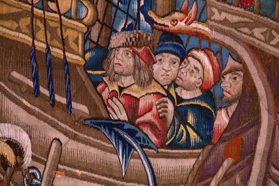 Vlámský gobelín. Seriál Portugalci v Indii: Přílet do Calicut (z Aankomstu v Calicut, Llegado de Vasco de Gama do Lisabonu). Ca 1510. Sbírka Caixa Geral de Depósitos, Lisabon. Detail. od Flemish School