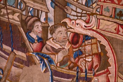 Vlámský gobelín. Seriál Portugalci v Indii: Přílet do Calicut (z Aankomstu v Calicut, Llegado de Vasco de Gama do Lisabonu). Ca 1510. Sbírka Caixa Geral de Depósitos, Lisabon. Detail. od Flemish School