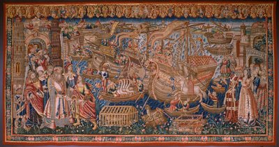 Vlámský gobelín. Seriál Portugalci v Indii: Přílet do Calicut (z Aankomstu v Calicut, Llegado de Vasco de Gama do Lisabonu). Ca 1510. Sbírka Caixa Geral de Depósitos, Lisabon. od Flemish School