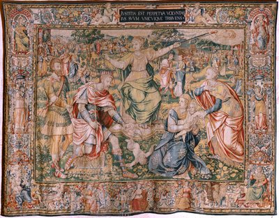 Vlámský gobelín. Seriál Sedm ctností. Spravedlnost (La Justicia). Model založený na Michiel Coxcie. Výroba Brusel. Výrobce Frans Geubels. Přibližně 1560-1570. Tkanina Hedvábí a vlna. Rozměr 330 x 450 cm. Umístění Katedrála Burgos. Původ Odkaz na t od Flemish School