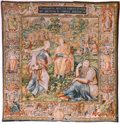 Vlámský gobelín. Seriál Sedm ctností. Střídmost (La Templanza). Model založený na Michiel Coxcie. Výroba Brusel. Výrobce Frans Geubels. Ca1560-1570. Tkanina Hedvábí a vlna. Rozměr 330 x 320 cm. Umístění Katedrála Burgos. Původ Odkaz t. j od Flemish School