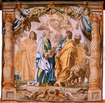 Vlámský gobelín. Seriál Triumf eucharistie. Čtyři evangelisté (Los cuatro evangelistas). Jedenáctá tapisérie v sérii. Model Peter Paul Rubens. 1626-1628. Výroba Jan II Raes, Hans Vervoert, Jacques Fobert, Brusel od Flemish School