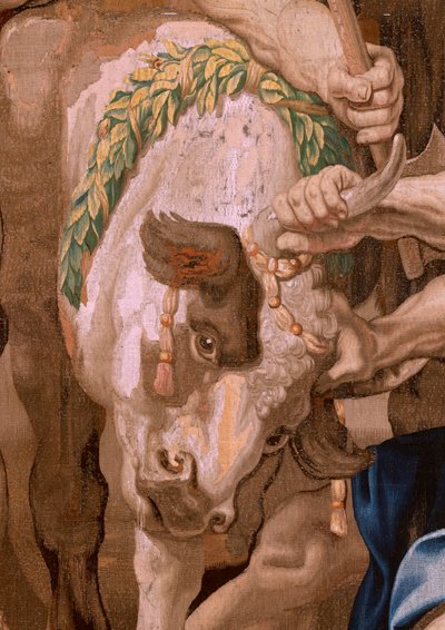 Vlámský gobelín. Seriál Triumf eucharistie. Vítězství eucharistie nad pohanskými oběťmi (Victoria de la Eucaristía sobre los sacrificios paganos). Čtvrtá tapisérie v sérii. Model Peter Paul Rubens. 1626-1628. Výroba Jan II Raes, Jac od Flemish School