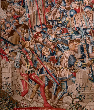 Vlámský gobelín. Seriál Trojská válka. Zničení Tróje (Destrucción de Troya). Jedenáctá tapisérie v sérii. Model Coëtivy Master (Henry nebo Conrard de Vulcop). Výroba dílen Tournai. Ca 1470. Látka Vlna a hedvábí, 6/7 osnovy na cm. od Flemish School