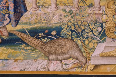 Vlámský gobelín. Série Vertumnus a Pomona: Vertumnus proměněný ve farmáře (Vertumnus jako farmář, Vertumno transformado a zemědělec). Studio Willem de Pannemaker. asi 1545-1550. Detail. od Flemish School