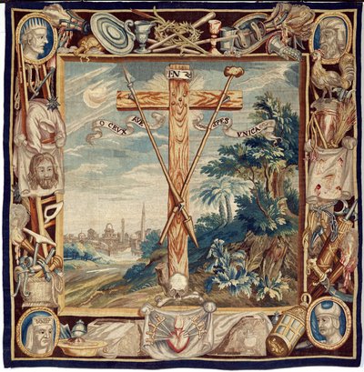 Vlámský gobelín. Oslava svatého kříže. 17. století. Majetek kostela Sint-Walburgakerk Oudenaarde (Dekenij van de Sint-Walburga). od Flemish School