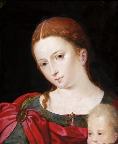 Hlava a ramena dívky v červeném plášti přes modré šaty, cca 1550 (olej na desce, dub) od Flemish School