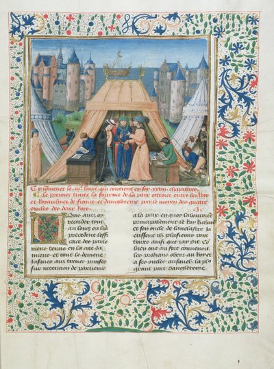MS W201 f.147 Mírová smlouva z Chroniques dAngleterre (Vol.IV) 1475-80 (tempera na pergamenu) od Flemish School