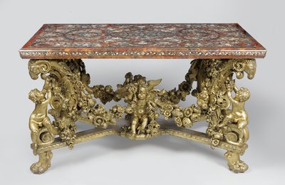 Intarzie stůl na vyřezávaném a zlaceném podstavci z lipového dřeva, 1689 od Flemish School