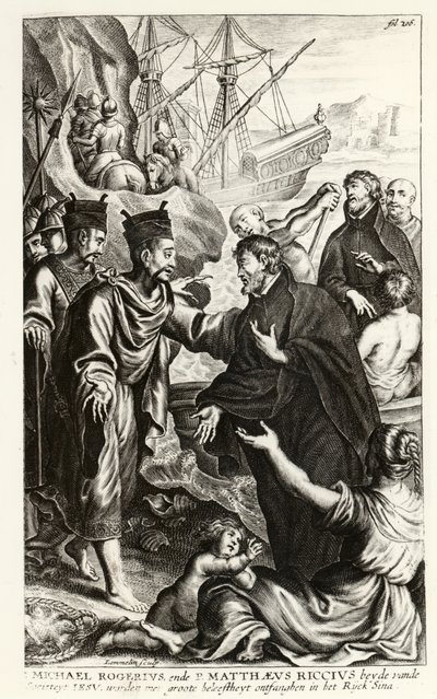 Michael Rogerius (1543-1607) a Matthaeus Riccius (1552-1610) přijíždějící na pobřeží Číny, ilustrace z dějin církve od P. Cornelia Hazarta, vydáno v Antverpách, 1668 od Flemish School
