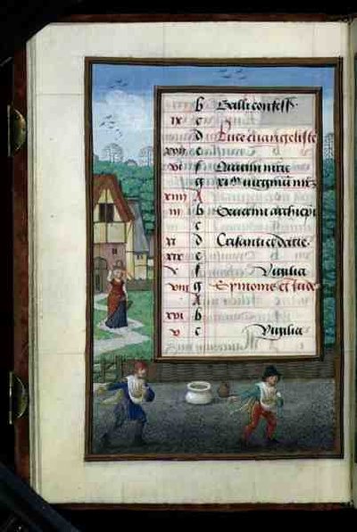Ms 1058-1975 f.10v Dva muži sejí obilí, iluminovaný kalendářní list na říjen, z knihy hodin, asi 1500 (pergamen) od Flemish School
