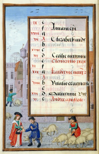 Ms 1058-1975 f11v Prodej prasat na trhu, osvětlená stránka kalendáře na listopad, z knihy hodin, cca 1500 od Flemish School
