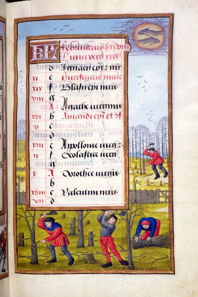 Ms 1058-1975 f2r Cutting Trees and Binding Faggots, iluminated page for February, from Book of Hours, c.1500 od Flemish School