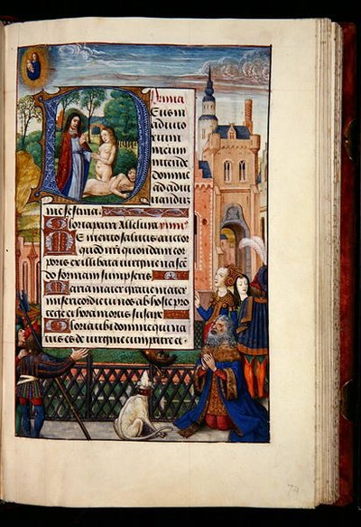 Ms 1058-1975, f.74r: Král David se modlí k Panně a Dítěti a historická iniciála D zobrazující stvoření Evy, z Knihy hodin, Bruggy, kolem 1510 (zlatý inkoust a tempera na pergamenu) od Flemish School