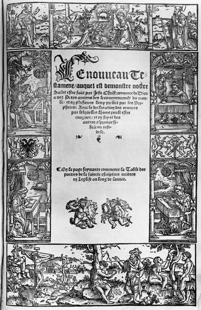 Titulní strana nového zákona francouzského překladu Jacquese Lefevre dEtaplese (1450?-1537) vydaného v Antverpách roku 1531 od Flemish School