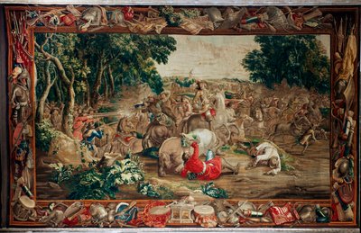 Zámek (Schlossanlage Schleißheim). Vlámský gobelín. Bruselský ateliér Judocus De Vos. Design Lambert De Hondt. Ambush (přepadení). Vlna a hedvábí. Asi 1715-1724. od Flemish School
