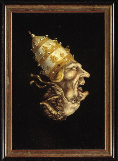 ""Papež-ďábel"" (Pope Devil) Luteránská karikatura proti papeži představující profil papeže vnořeného do profilu ďábla - Anonymní obraz, cca 1600 (holandské) Muzeum Catharijneconvent, Utrecht Nizozemsko od Flemish School