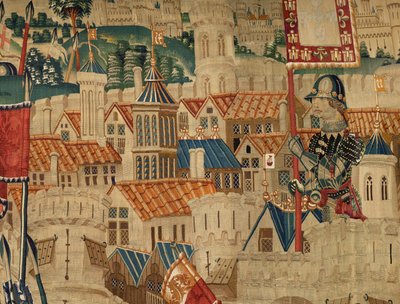 Farní muzeum tapisérií (Parish Museum of Pastrana Tapestries). Vlámský gobelín. Conquest of Tanger (Taking of Tanger, De inname van Tanger). Seriál Dobytí portugalského krále Alfonse I. Tournai. Vlna a hedvábí od Flemish School