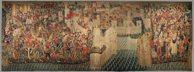 Farní muzeum tapisérií (Parish Museum of Pastrana Tapestries). Vlámský gobelín. Conquest of Tanger (Taking of Tanger, De inname van Tanger). Seriál Dobytí portugalského krále Alfonse I. Tournai. Vlna a hedvábí od Flemish School