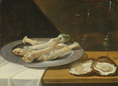 Prasečí kolena na cínovém talíři s ústřicemi a sklenicemi na víno na přehozeném stole, cca 1630 od Flemish School