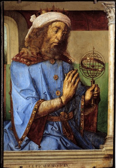 Portrét Ptolemae (Claudius Ptolemaeus, ca. 90-168), řeckého astronoma. Obraz Pedro Berruguete (asi 1450-před 1504) a Just Of Ghent (1435-1480) Ec. Podvod od Flemish School