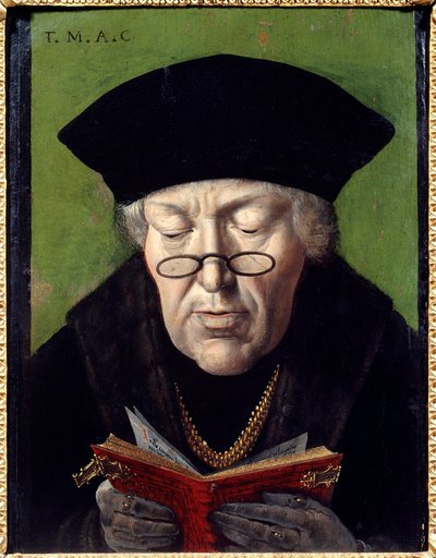 Portrét Thomase Morea (1478-1535), humanisty. Humanista je zastoupen s brýlemi při čtení knihy. Malba vlámské školy od Flemish School