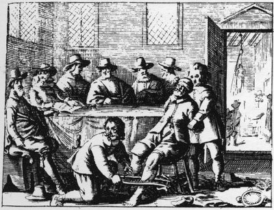 Trest trpaslíků uvalený na čaroděje – rytina z roku 1725 v „“La Sorcellerie demasquee““ (