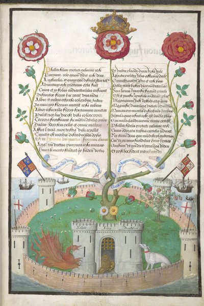 Royal MS 11 E Xl fol. 2 Verše se symboly Tudora, kolem 1516 (vellum) od Flemish School