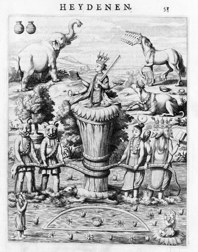 Samudramathana, za účasti Devy (Surya, Shiva, Vishnu, Brahma) s démony a horami. Podle Baldaea Philippa Afgoderye der oost-indische Heydenen. Amsterdam 1672 od Flemish School