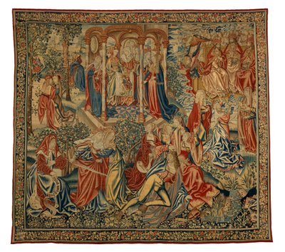 Tapiserie, Morální alegorie člověka nebo člověka útočícího na spravedlnost, vyrobeno ve Flandrech, Belgie, kolem roku 1500 (vlna a hedvábí) od Flemish School