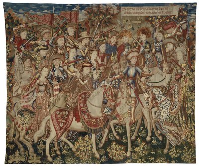 Gobelín s Herkulem a jeho společníky na hoře Olymp, možná vyrobený v Tournai, kolem 1465-70 (vlna a hedvábí) od Flemish School