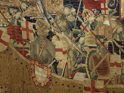 Tapiserie zobrazující dobytí krále Alfonsa V. Portugalska (Conquistas de Alfonso V de Portugal), Tournai. Detail. (Vlna a hedvábí) od Flemish School