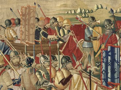 Tapiserie zobrazující dobytí krále Alfonsa V. Portugalska (Conquistas de Alfonso V de Portugal), Tournai. Detail. (Vlna a hedvábí) od Flemish School