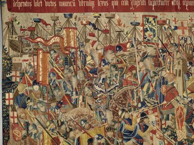 Tapiserie zobrazující dobytí krále Alfonsa V. Portugalska (Conquistas de Alfonso V de Portugal), Tournai. Detail. (Vlna a hedvábí) od Flemish School