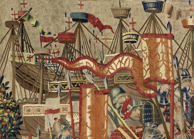Tapiserie zobrazující dobytí krále Alfonsa V. Portugalska (Conquistas de Alfonso V de Portugal), Tournai. Detail. (Vlna a hedvábí) od Flemish School