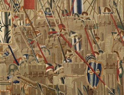 Tapiserie zobrazující dobytí krále Alfonsa V. Portugalska (Conquistas de Alfonso V de Portugal), Tournai. Detail. (Vlna a hedvábí) od Flemish School