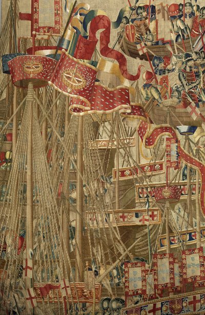 Tapiserie zobrazující dobytí krále Alfonsa V. Portugalska (Conquistas de Alfonso V de Portugal), Tournai. Detail. (Vlna a hedvábí) od Flemish School