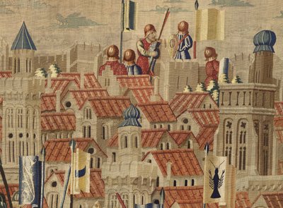 Tapiserie zobrazující dobytí krále Alfonsa V. Portugalska (Conquistas de Alfonso V de Portugal), Tournai. Detail. (Vlna a hedvábí) od Flemish School