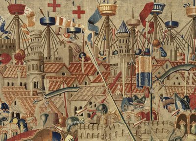 Tapiserie zobrazující dobytí krále Alfonsa V. Portugalska (Conquistas de Alfonso V de Portugal), Tournai. Detail. (Vlna a hedvábí) od Flemish School